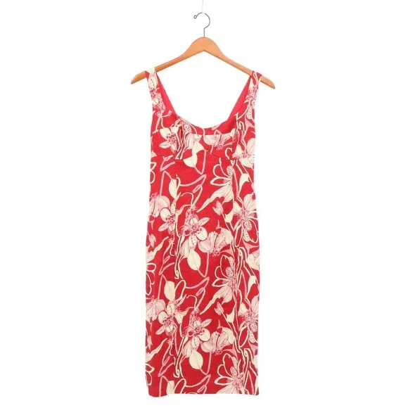 Reformation Thea Linen Dress in Las Dalias Floral Red Cream Dress 4 - Picture 4 of 8